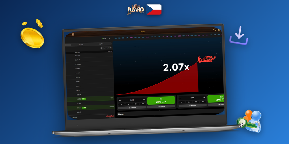 Desktopové rozhraní Aviator v Lizaro Casino s panelem sázek a live chatem