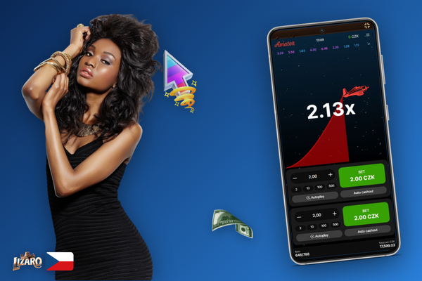 Aviator v Lizaro Casino spuštěný v mobilním prohlížeči na smartphonu v ruce