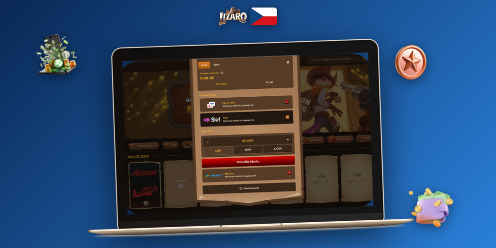 Rozhraní pokladny Lizaro Casino na laptopu a mobilu s přehledem metod vkladu