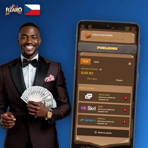 Lizaro Casino vklad: ikony karet, e-peněženek a kryptoměn s minimálním vkladem 500 Kč